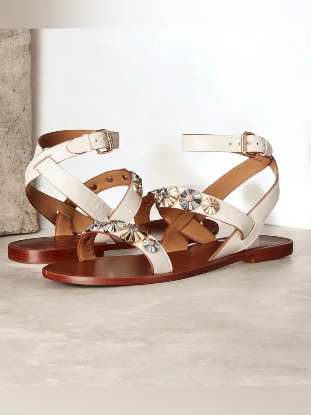 Coach Eleanor Studded Leather Flat Sandals Ivory/Cream Women’s Size 10B